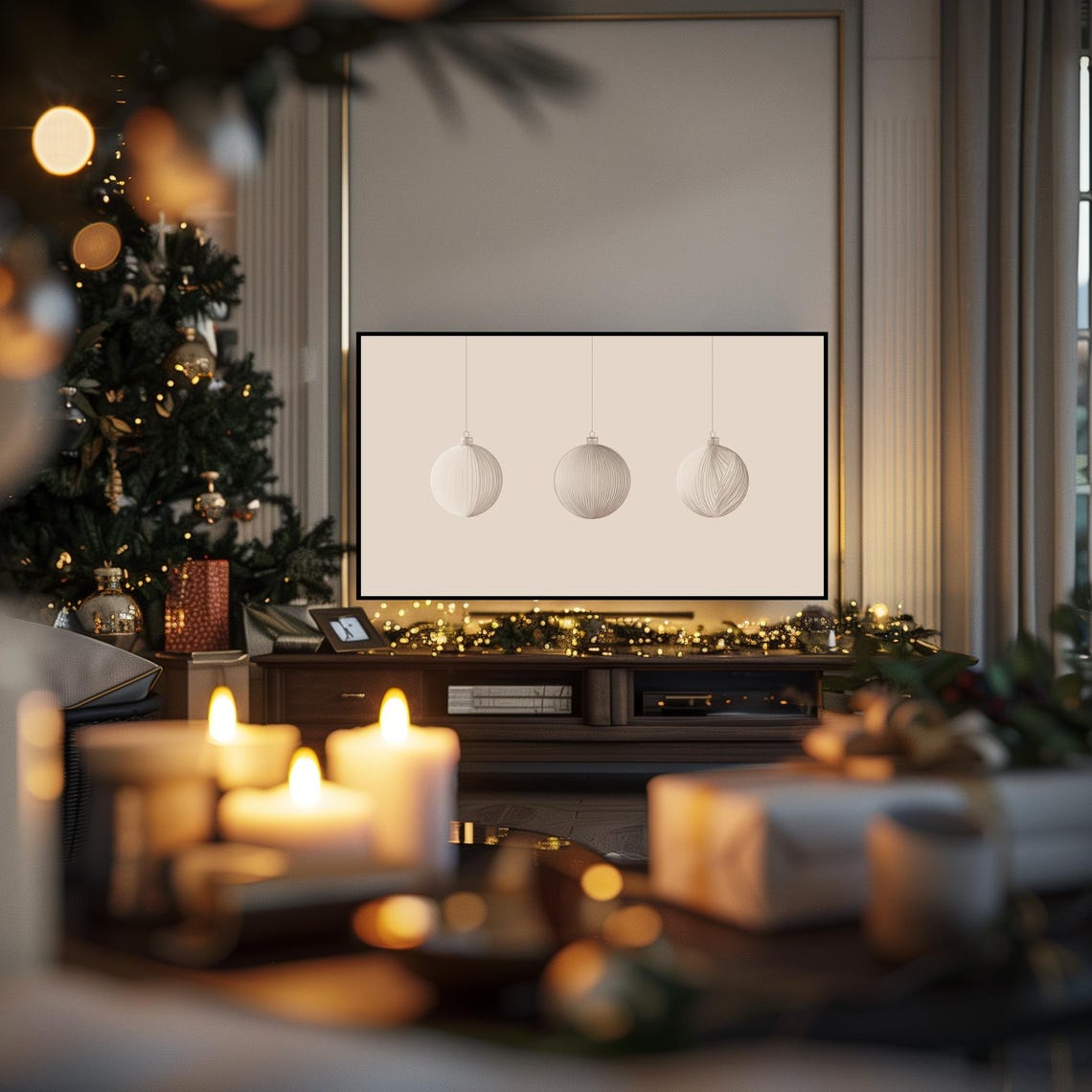 Three White Ribbed Bauble Ornaments Elegant Neutral Holiday Poster - Image 3
