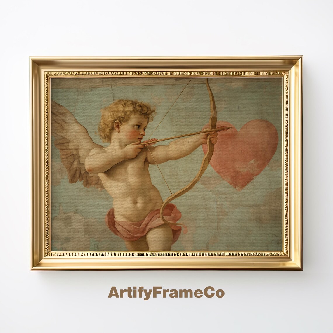 Renaissance Cupid Arrow Heart Painting Vintage Romantic Wall Art