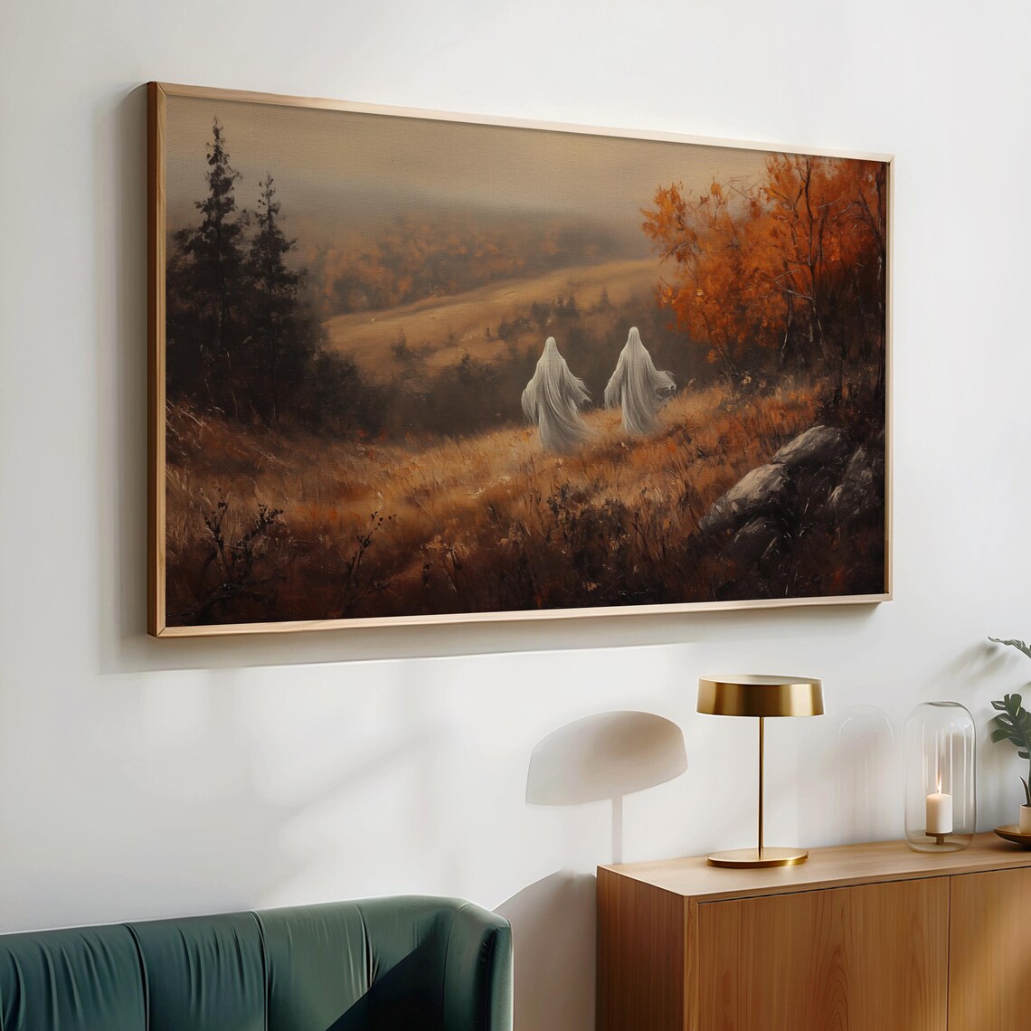 Two Ghosts Walking Through a Misty Autumn Valley Vintage Halloween Wall Art - Image 4