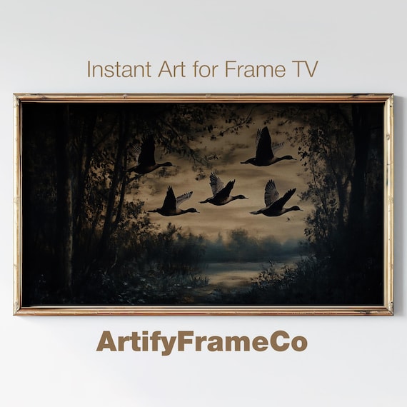 Dark Moody Flying Ducks Silhouette At Night Forest Lake Wall Art Poster