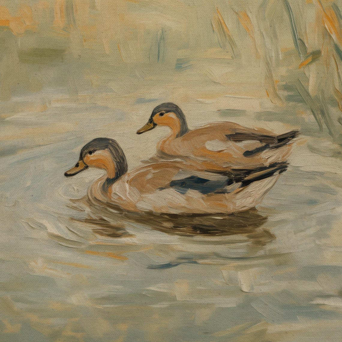 Two Mallard Ducks Swimming Marsh Reeds Impressionist Painting Poster - Image 4