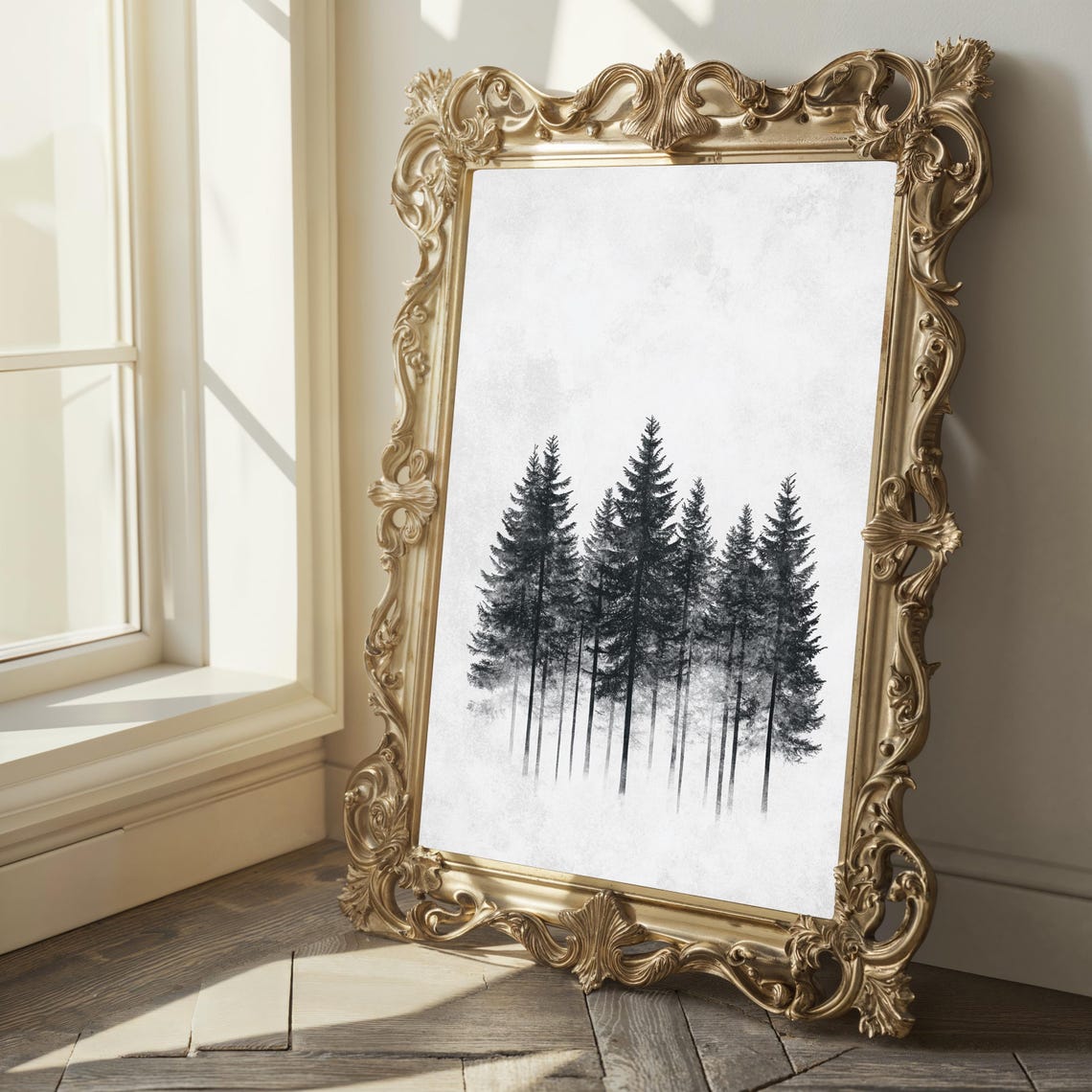 Snowy Pine Forest In Mist Soft Monochrome Winter Scene Poster - Image 2
