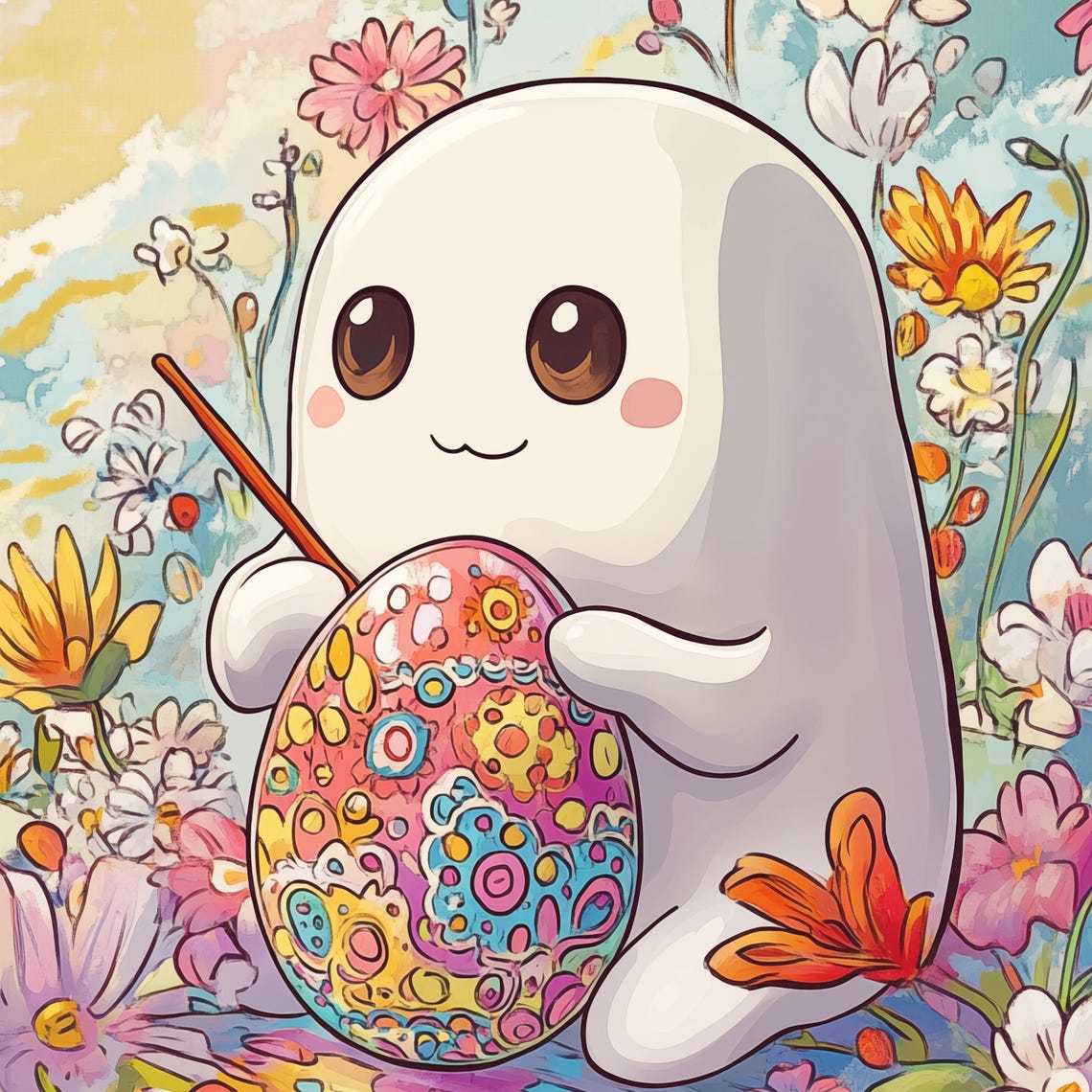 Cute Ghost Painting Easter Eggs Art Kawaii Pastel Kids Holiday Illustration Children Beatrix Potter Style - Image 4