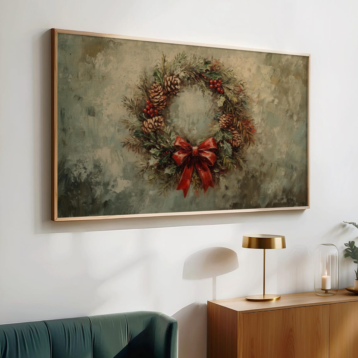 Rustic Christmas Wreath Red Bow Pinecones Berries Vintage Green Poster - Image 2