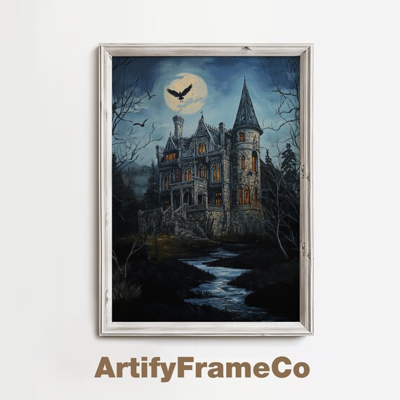 Gothic Mansion Under Full Moon With Crows On Night Oil Poster