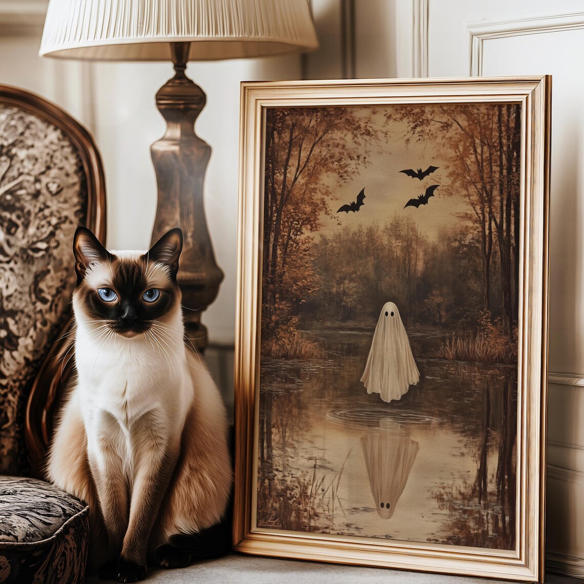 Ghost Over an Autumn Lake With Reflection Vintage Halloween Oil Painting Wall Art - Image 3