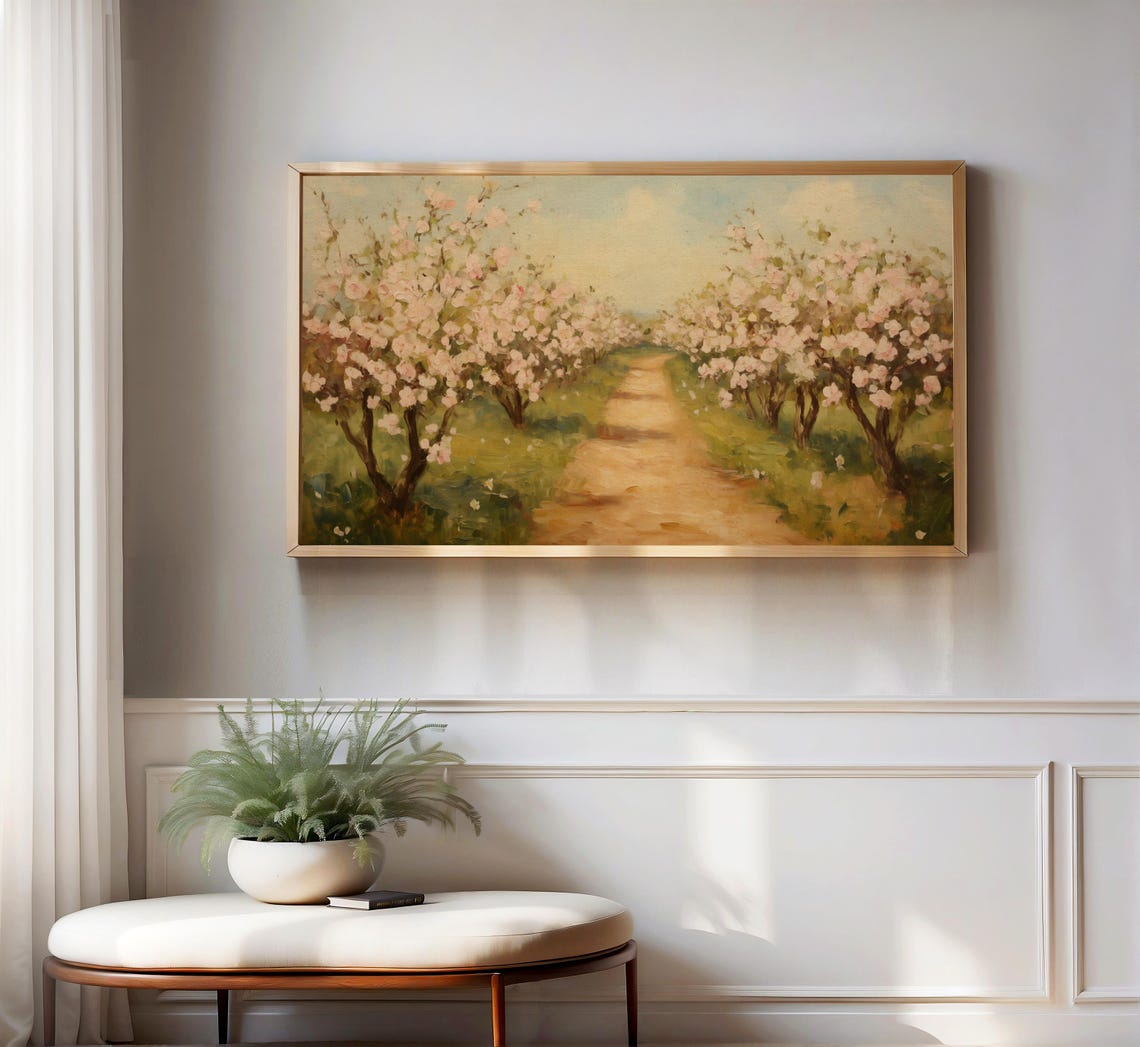 Blossoming Orchard Spring Path Vintage Landscape Oil Painting Poster - Image 3