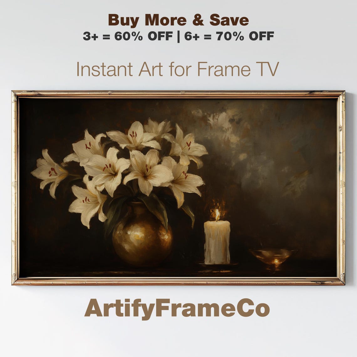 White Lilies Brass Pot Lit Candle Dark Classical Still Life Poster
