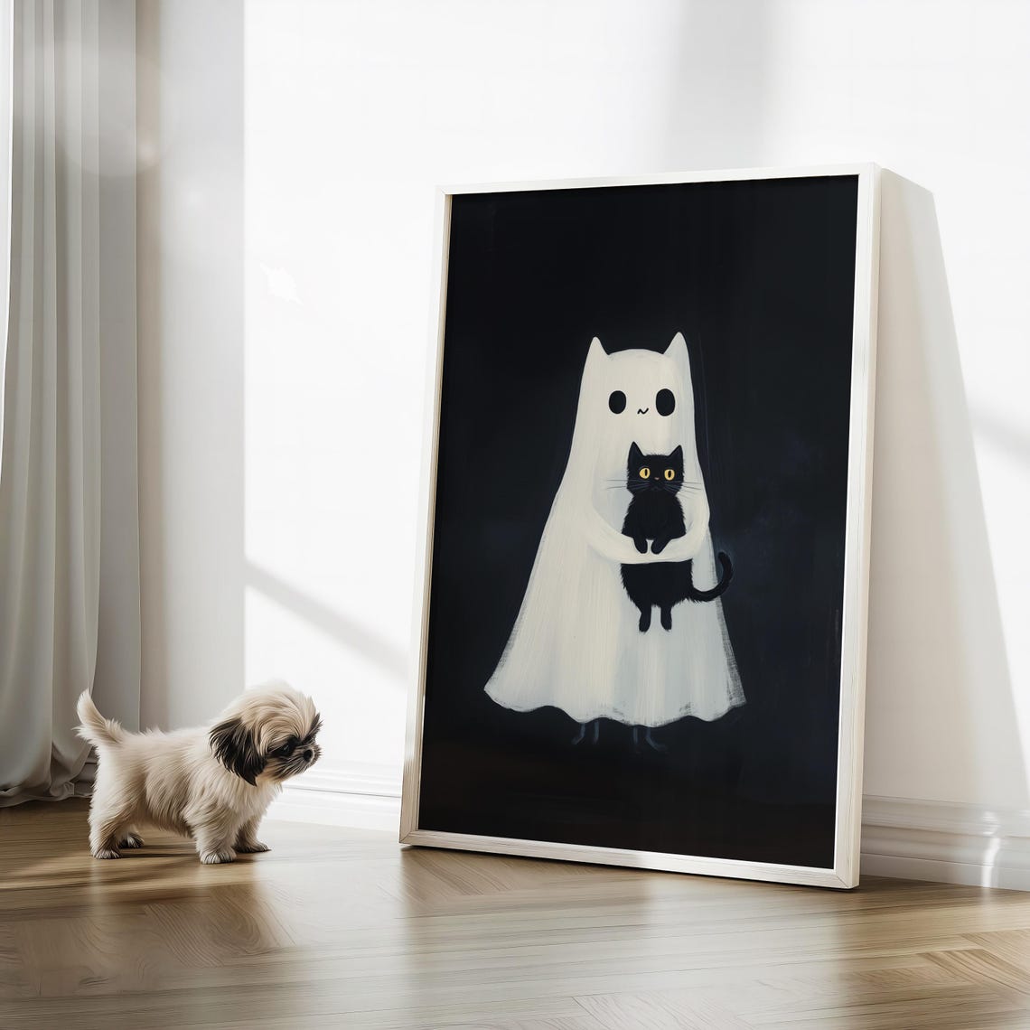 Cute Ghost Hugging Black Cat On A Dark Background Art Poster - Image 3