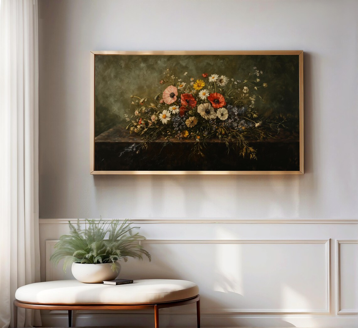 Antique Wildflower Bouquet Poppies Daisies Dark Frame TV Art Poster - Image 3