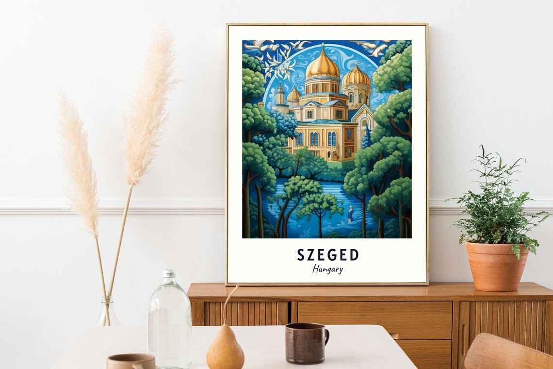 Szeged Hungary Golden Domed Cathedral Trees Art Travel Poster - Image 2