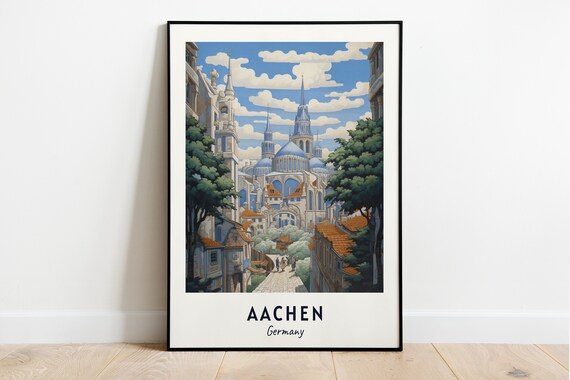 Aachen Germany Cathedral Domes Spires Lane Vintage Travel Poster