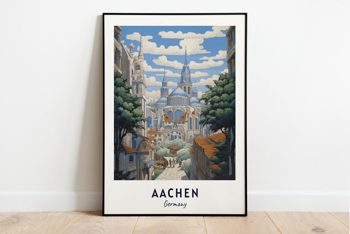 Aachen Germany Cathedral Domes Spires Lane Vintage Travel Poster
