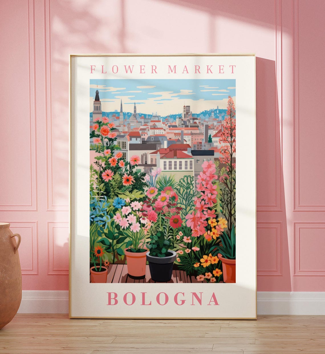 Bologna Flower Market Rooftop Terrace Pot Garden Travel Poster