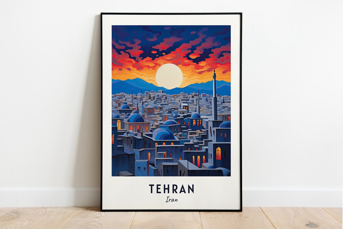 Tehran Iran Mosque Domes Sunset Skyline Minimalist Travel Poster