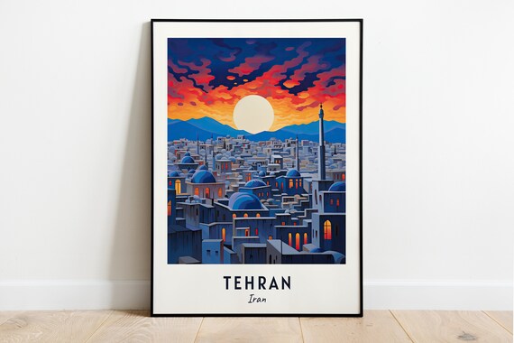 Tehran Iran Mosque Domes Sunset Skyline Minimalist Travel Poster