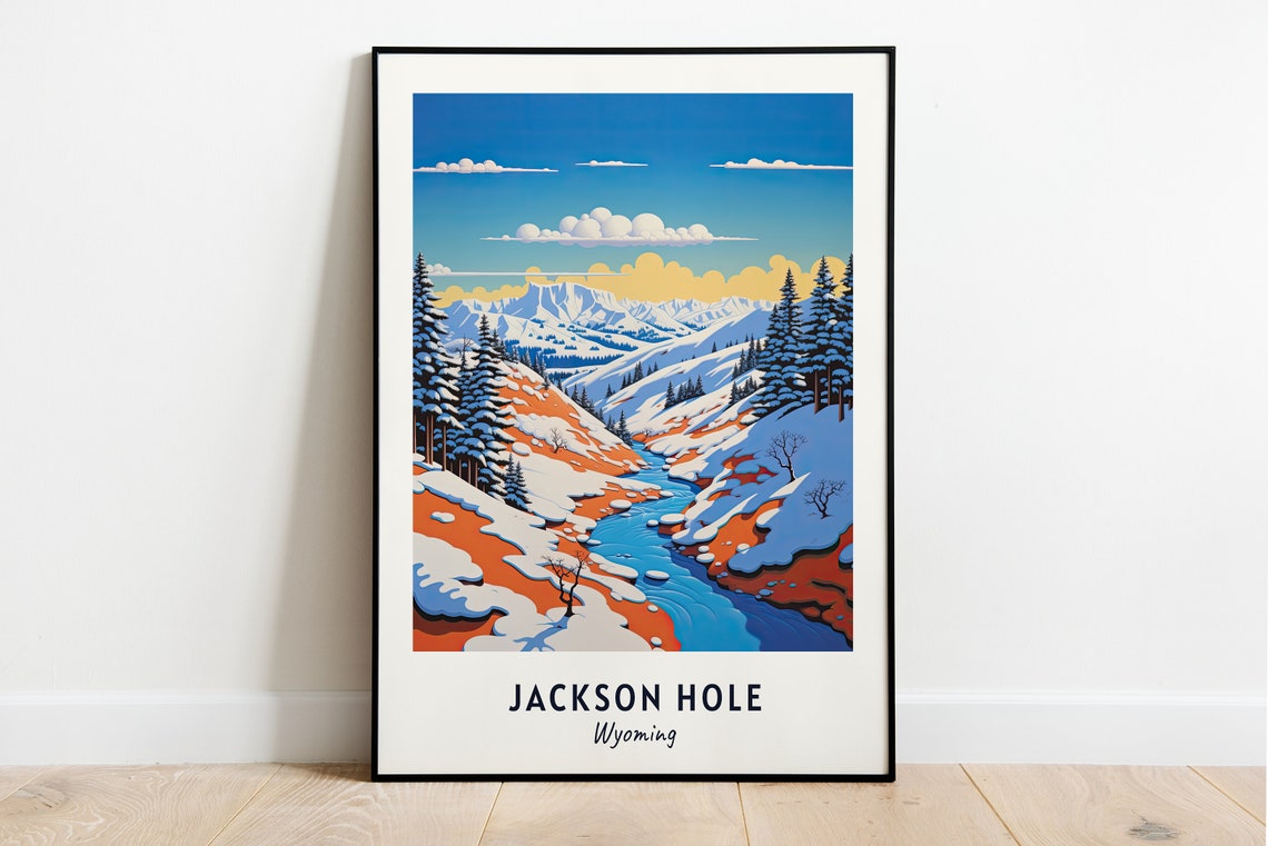 Jackson Hole Wyoming Snowy Valley River Teton Peaks Scene Poster