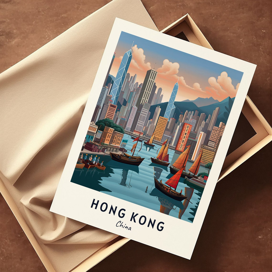 Hong Kong Victoria Harbour Sunset Skyline Illustrated Travel Poster - Image 3