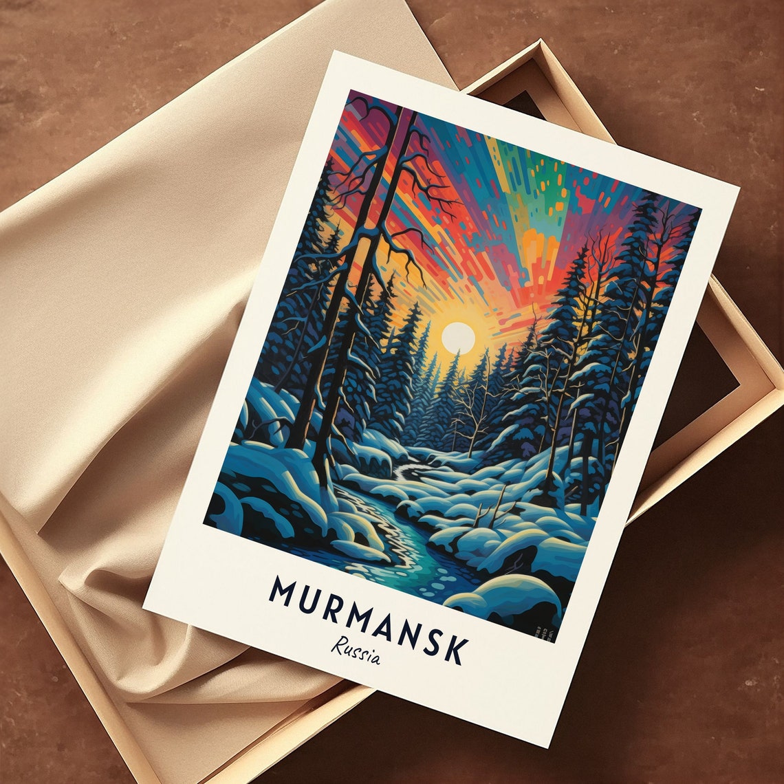 Murmansk Russia Snowy Forest Aurora Night Travel Poster Artwork - Image 3