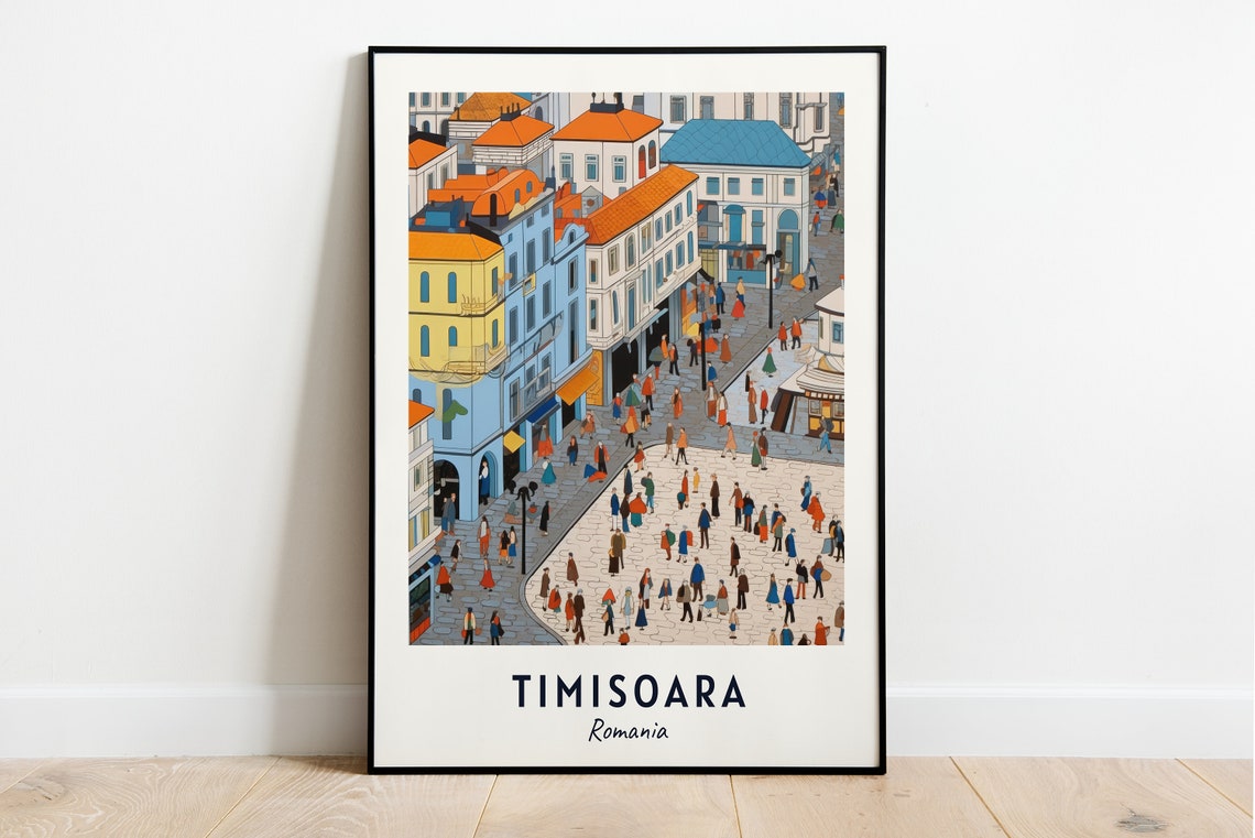 Timisoara Romania Union Square Crowd Street Scene Travel Poster