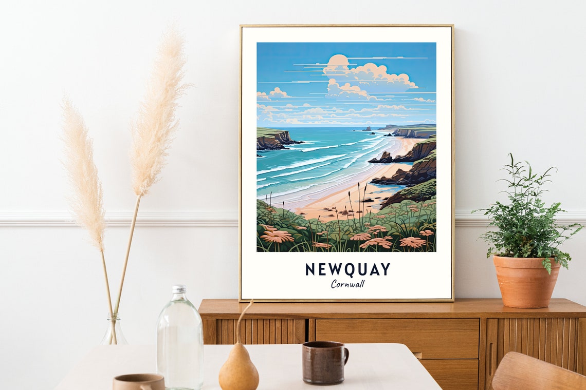Newquay Cornwall Sandy Beach With Turquoise Waves And Cliffs Poster - Image 2