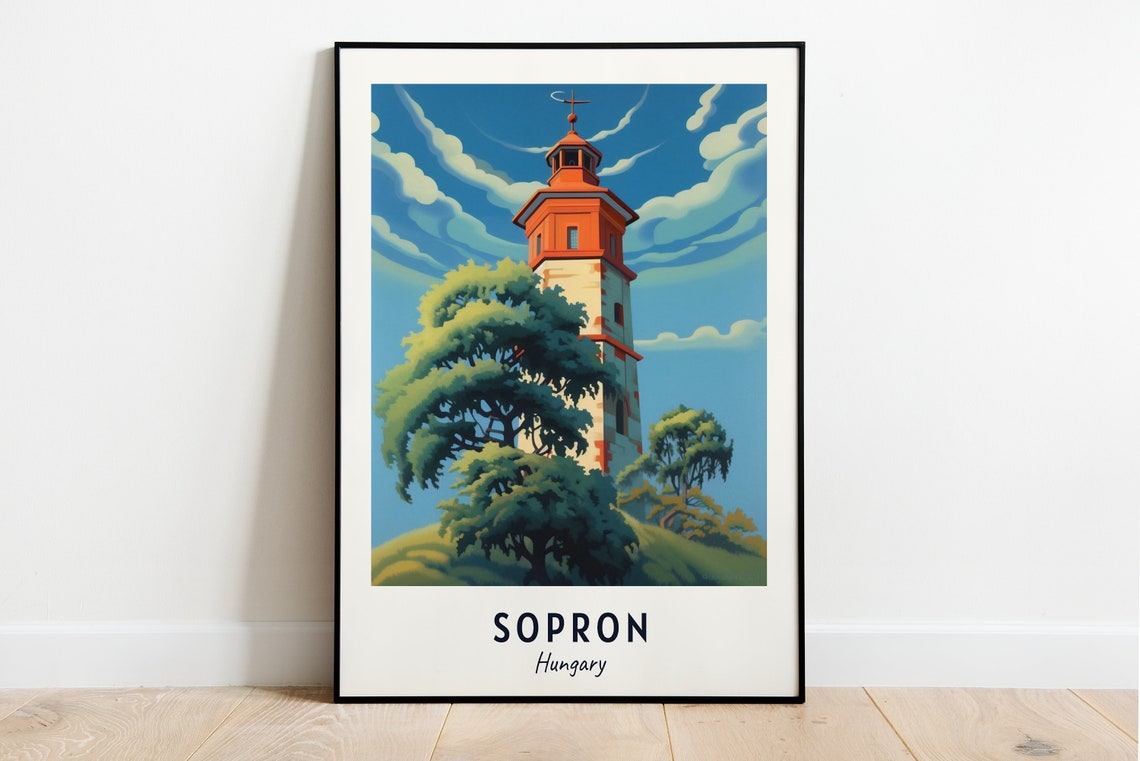 Sopron Hungary Fire Tower Hill Illustrated Landmark Travel Poster