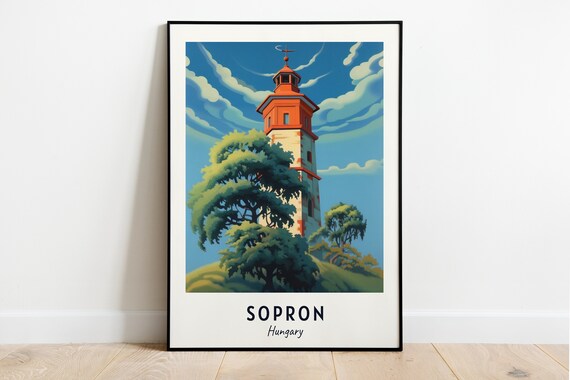 Sopron Hungary Fire Tower Hill Illustrated Landmark Travel Poster