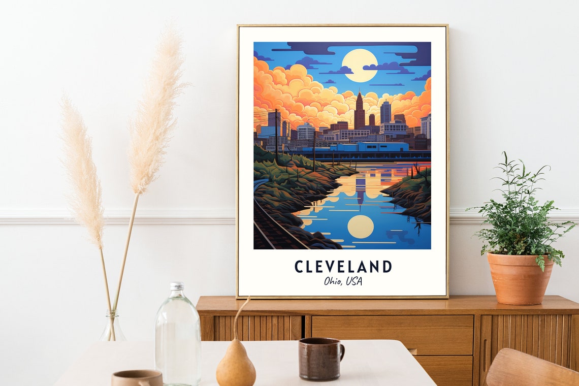 Cleveland Ohio Sunset Skyline River Reflection Amber View Poster - Image 2