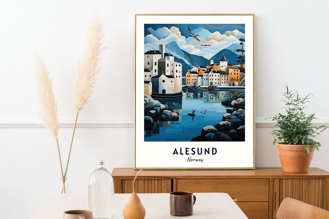 Alesund White Harbor Town Beneath Snowy Peaks in Norway Poster - Image 2