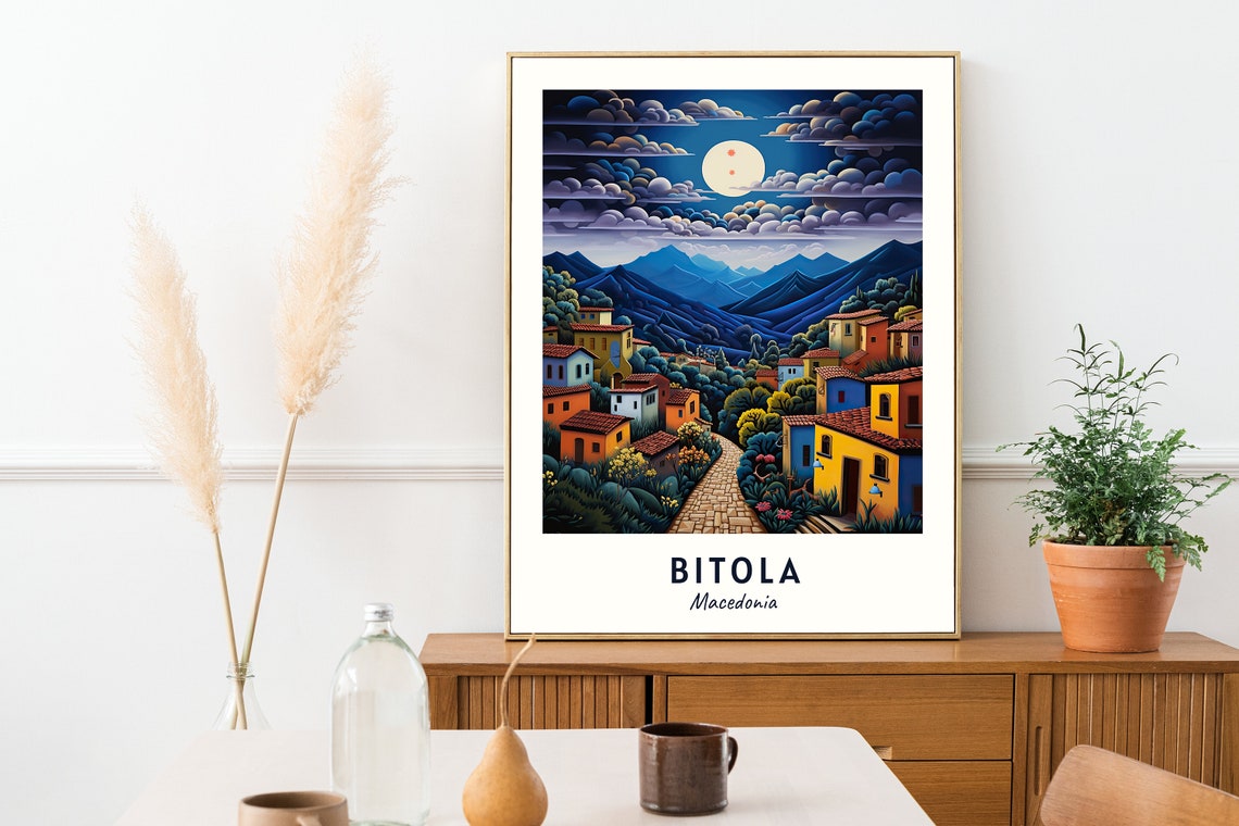 Bitola Macedonia Moonlit Mountain Village Night Folk Art Travel Poster - Image 2