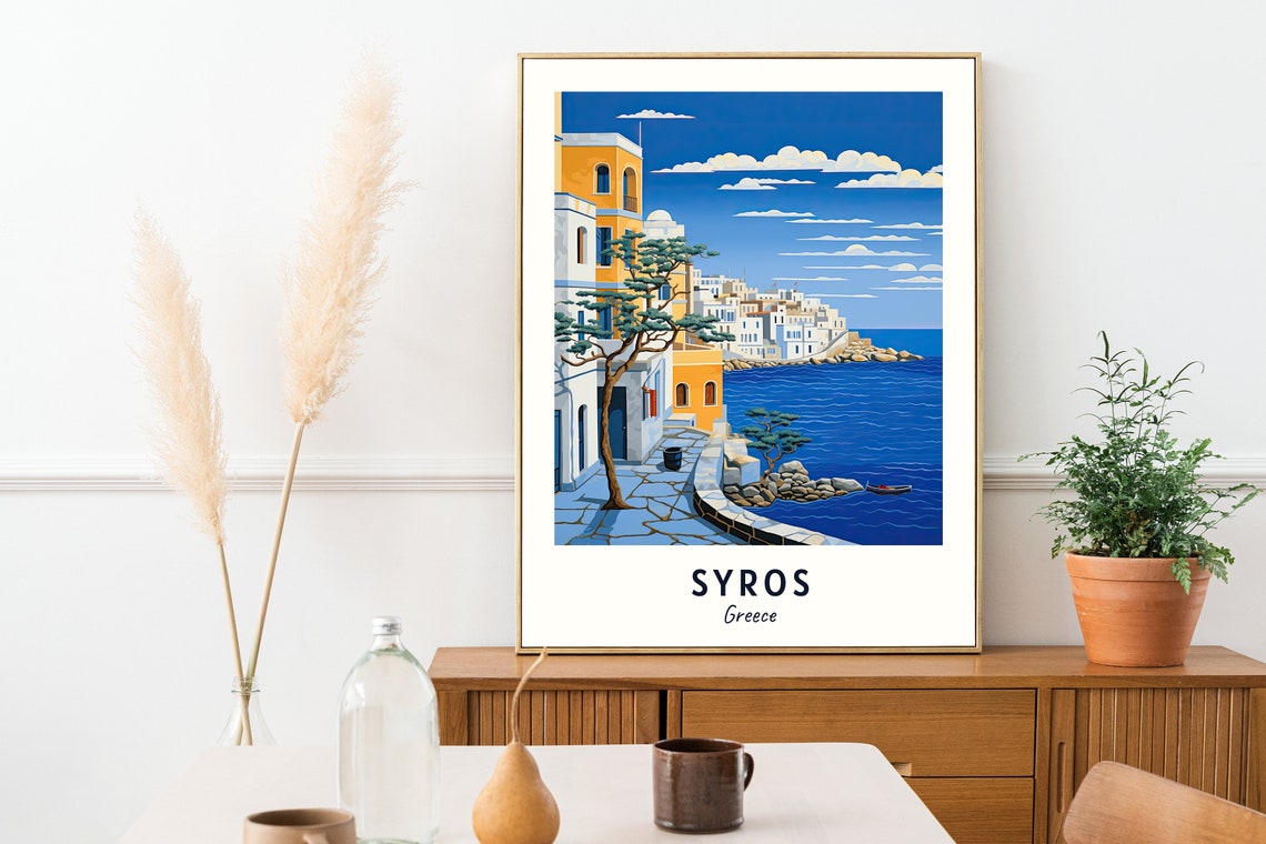 Syros Whitewashed Town Seafront Waterfront Greece Travel Poster - Image 2