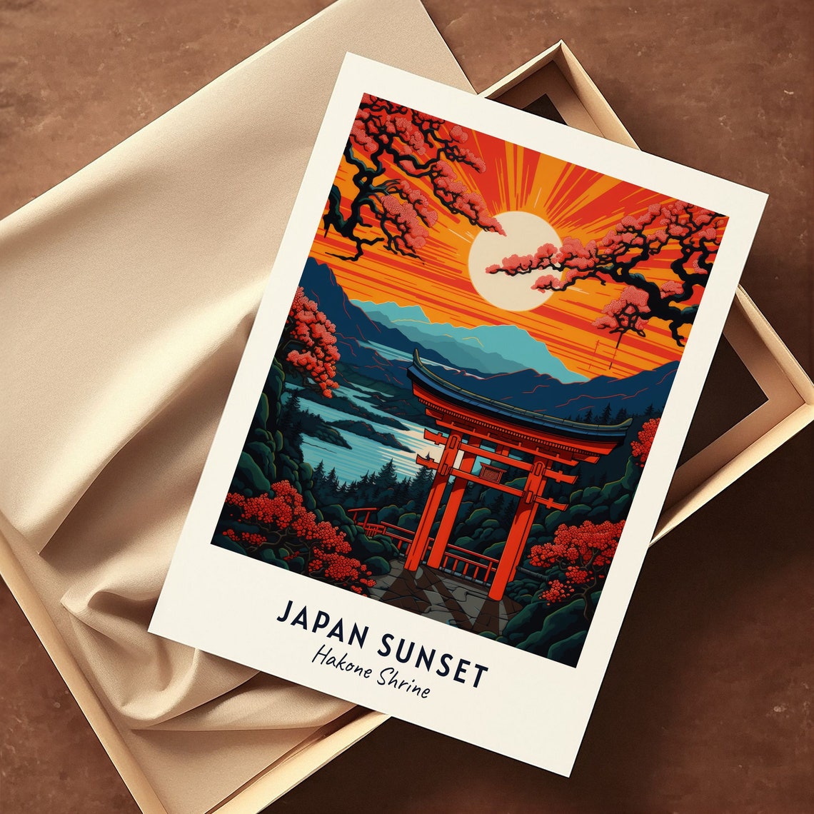 Hakone Shrine Japan Sunset Red Torii Gate Lake View Travel Poster - Image 3