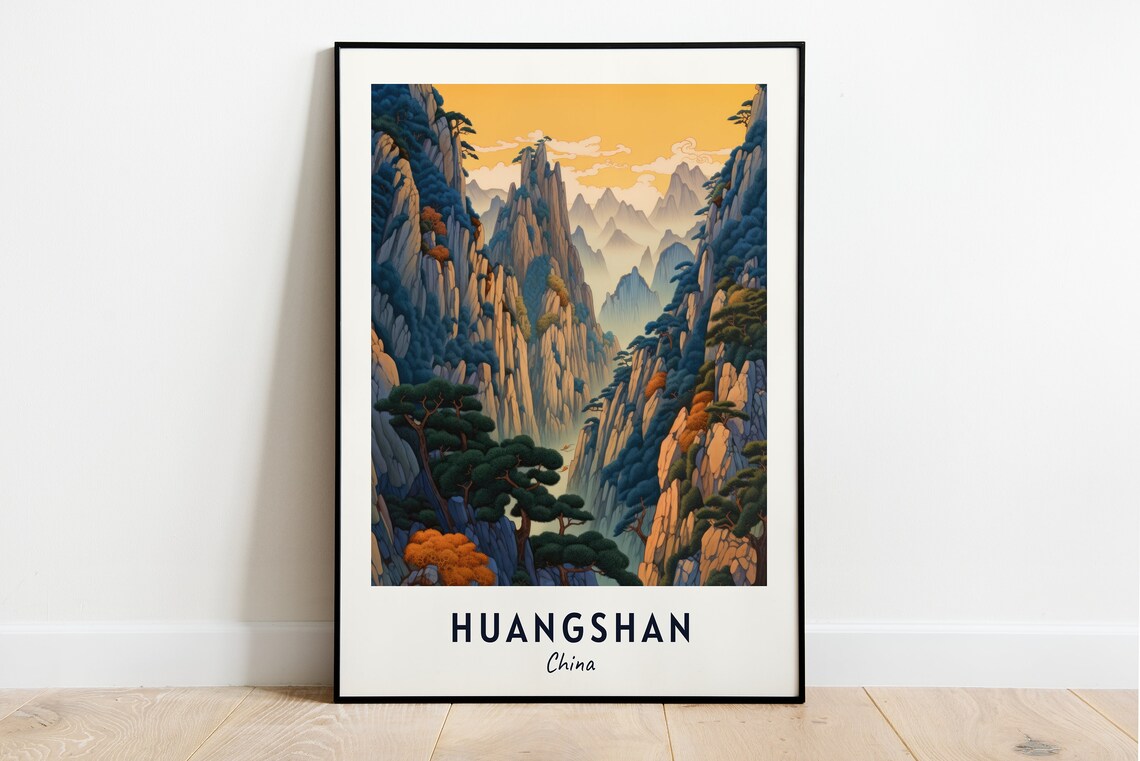 Huangshan China Yellow Mountain Peaks Pines Sunset Valley Travel Poster