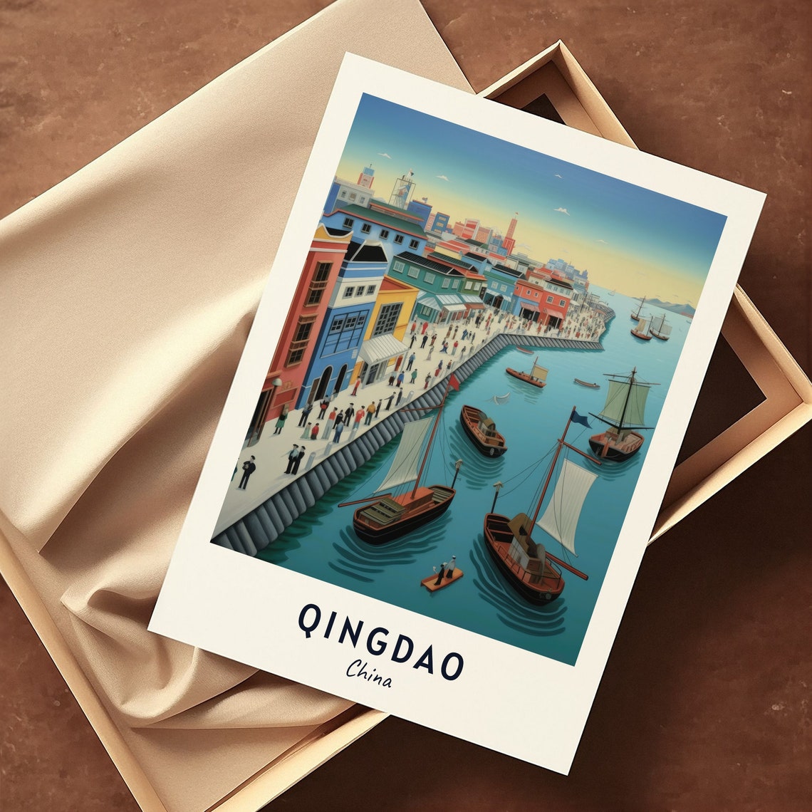 Scenic Qingdao China Historic Old Harbor With Sailing Junks Poster - Image 3