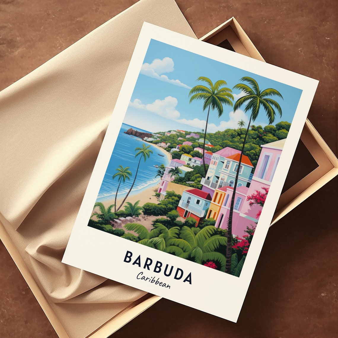 Barbuda Caribbean Palm Beach Pastel Seaside Houses Escape Poster - Image 3