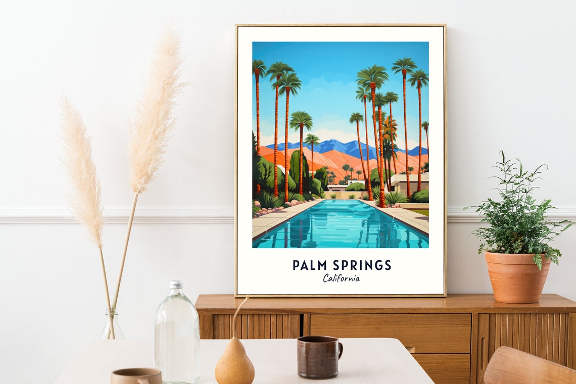 Palm Springs California Resort Pool Tall Palms Mountain View Poster - Image 2