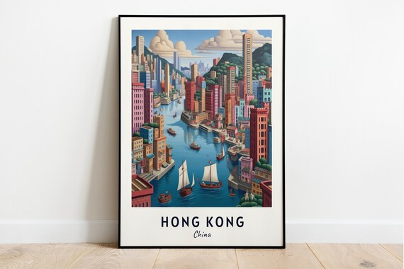 Hong Kong Harbor Junks Colorful Skyline Busy Waterfront China Travel Poster