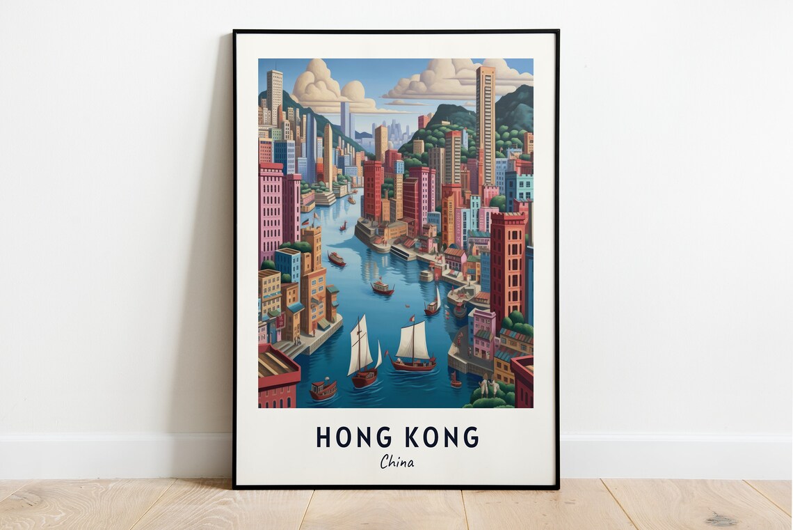 Hong Kong Harbor Junks Colorful Skyline Busy Waterfront China Travel Poster
