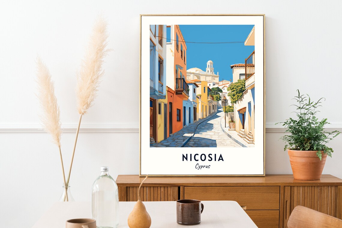 Nicosia Cobbled Old Street Colorful Houses Cyprus Travel Poster - Image 2