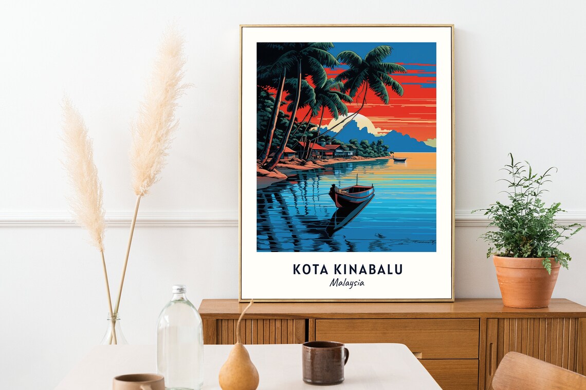 Kota Kinabalu Malaysia Fiery Sunset Beach Palms Travel Poster - Image 2
