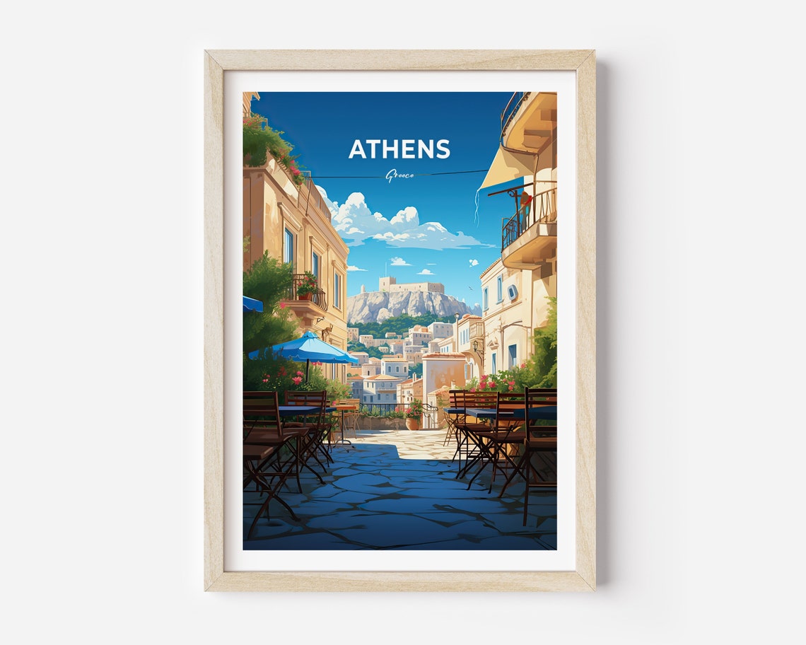 Athens Greece Acropolis Cafe Street Sunny Old Town Vista Poster