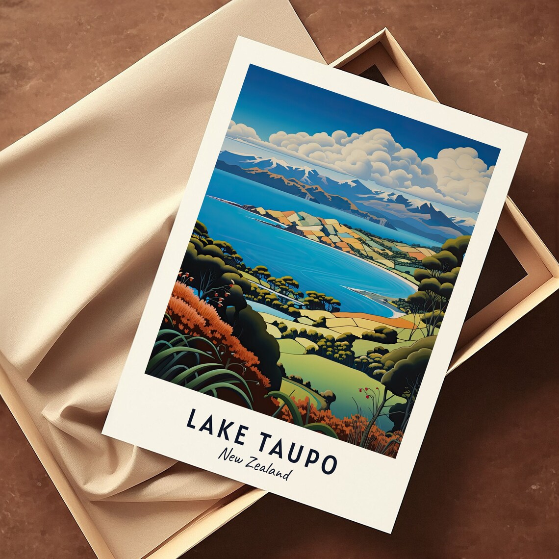 Lake Taupo New Zealand Blue Lake Mountain View Travel Poster - Image 3