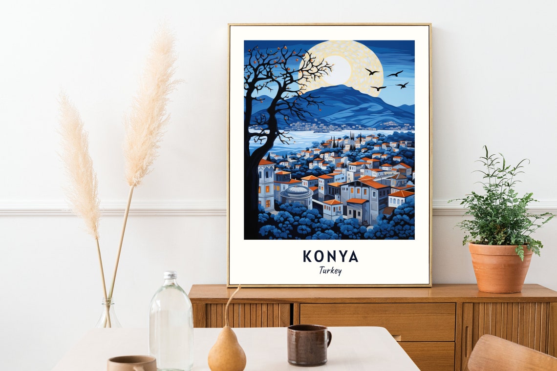 Konya Turkey Old Town Under Full Moon Beside Mountain Night Poster - Image 2