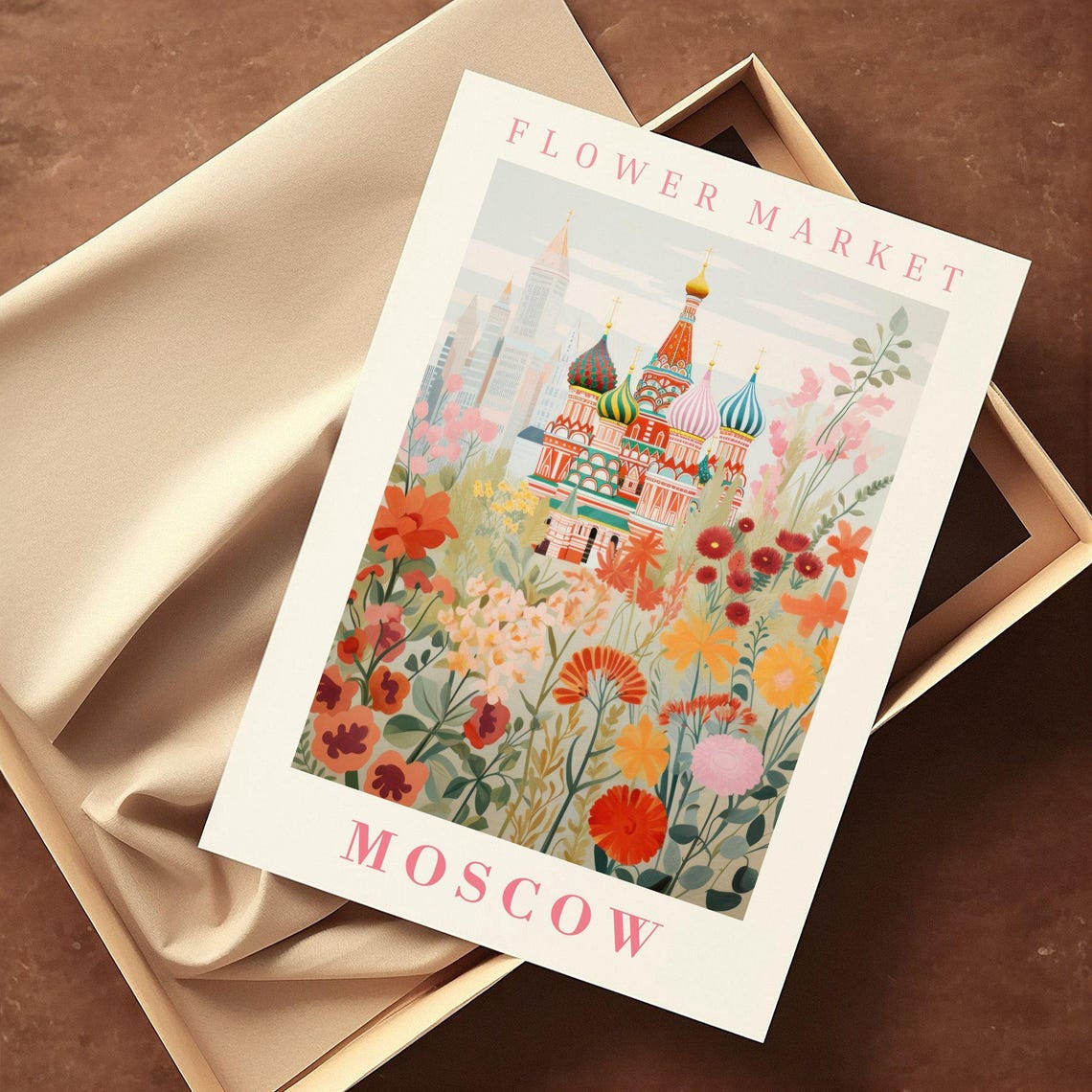 Moscow Flower Market St Basils Cathedral Floral Illustration Poster - Image 2
