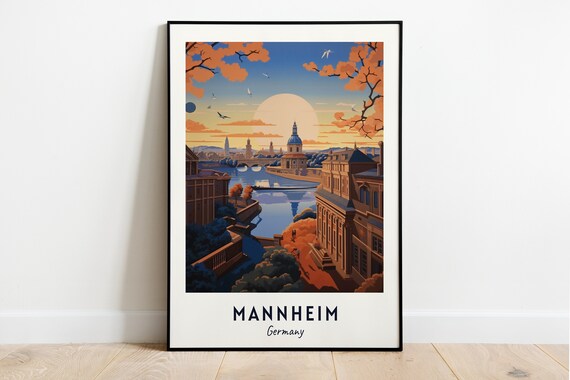 Mannheim Germany Sunset River Skyline Evening Art Travel Poster