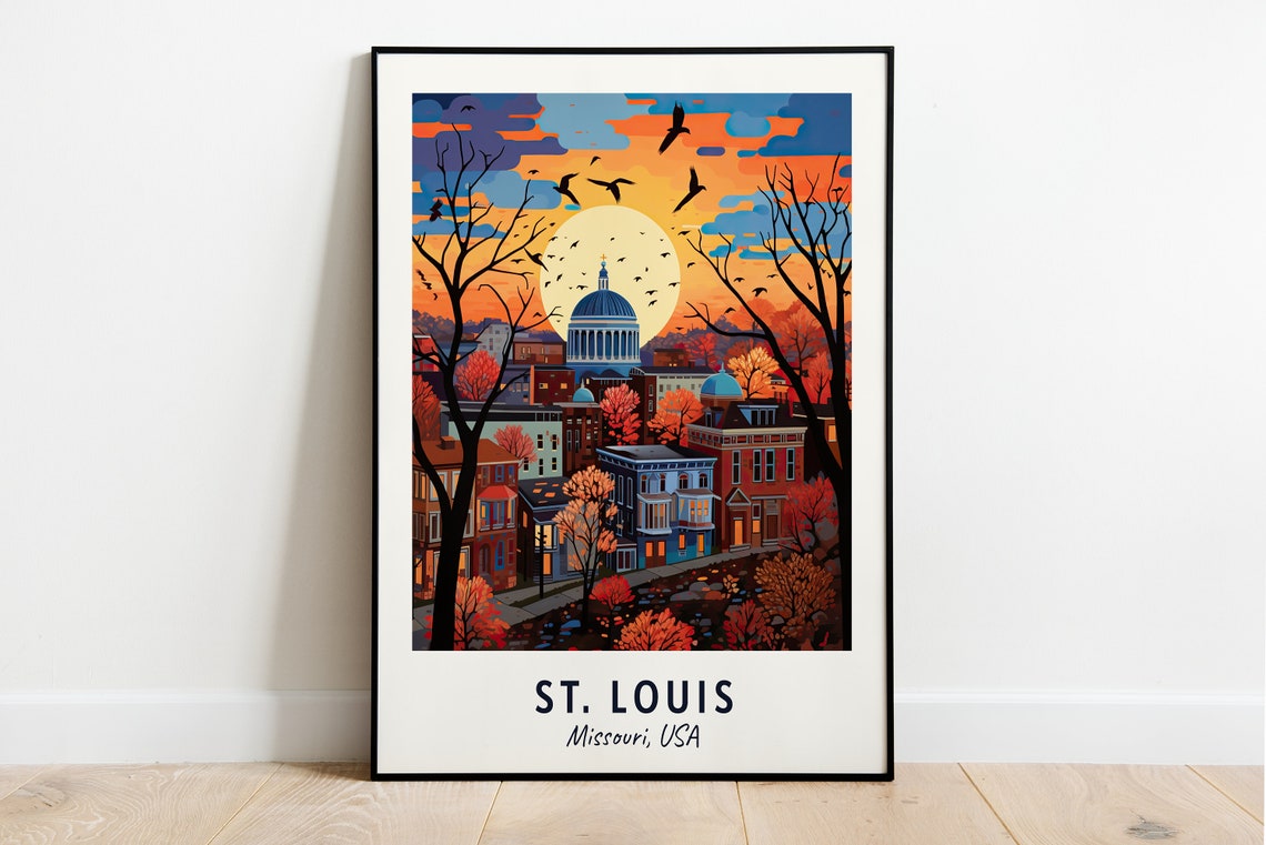 St Louis Missouri Autumn Sunset Cityscape Birds Scene Poster