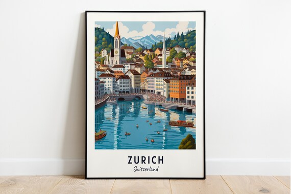 Zurich Switzerland Old Town River Boats Daytime View Travel Poster
