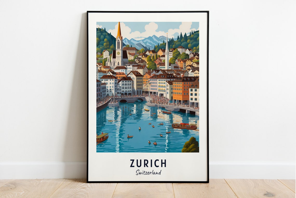 Zurich Switzerland Old Town River Boats Daytime View Travel Poster