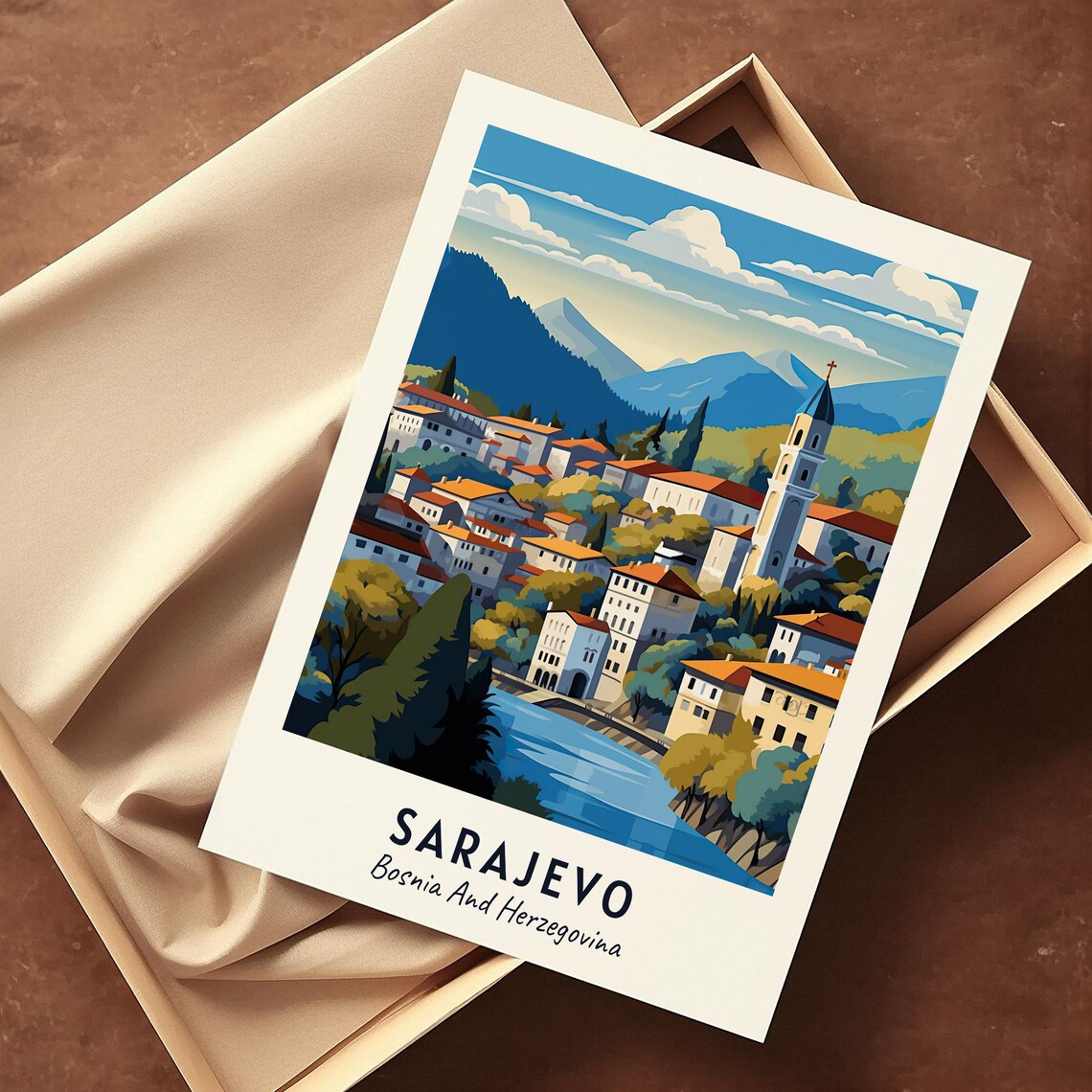 Sarajevo Bosnia Herzegovina Riverside Hillside Town Travel Poster - Image 3