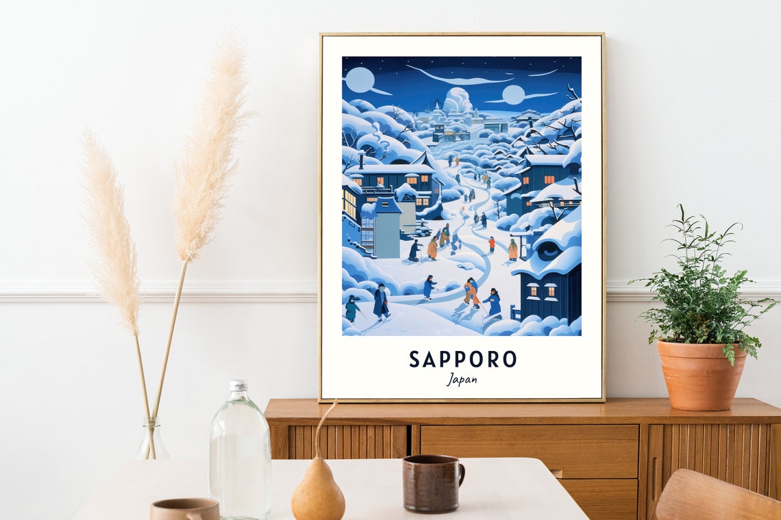 Snowy Winter Night Village with Glowing Lights Sapporo Japan Poster - Image 2